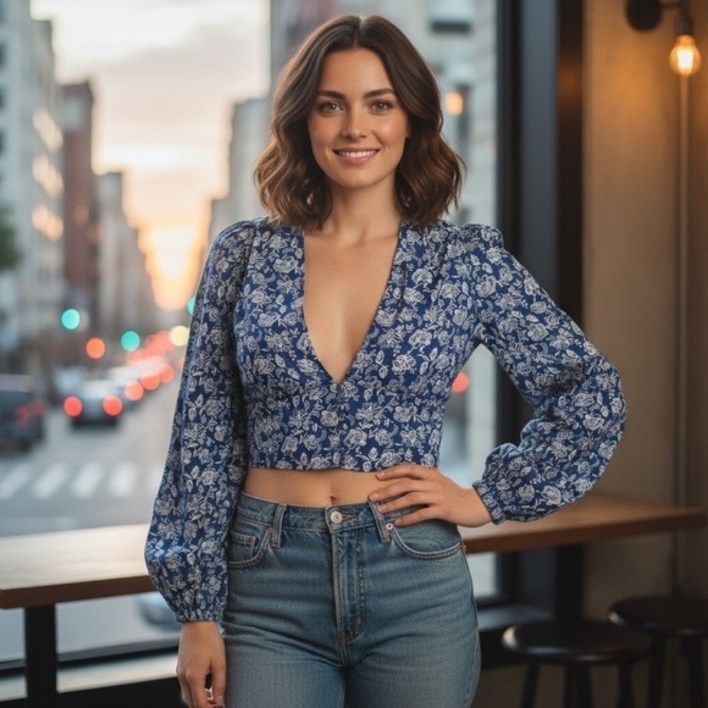 Boden Blue and White Floral Blouse